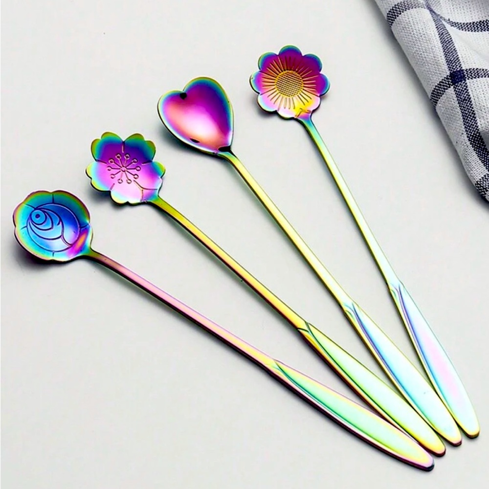 Chrome Irredentist Rainbow Flower and Heart Spoons 4 Piece Teaspoons Set